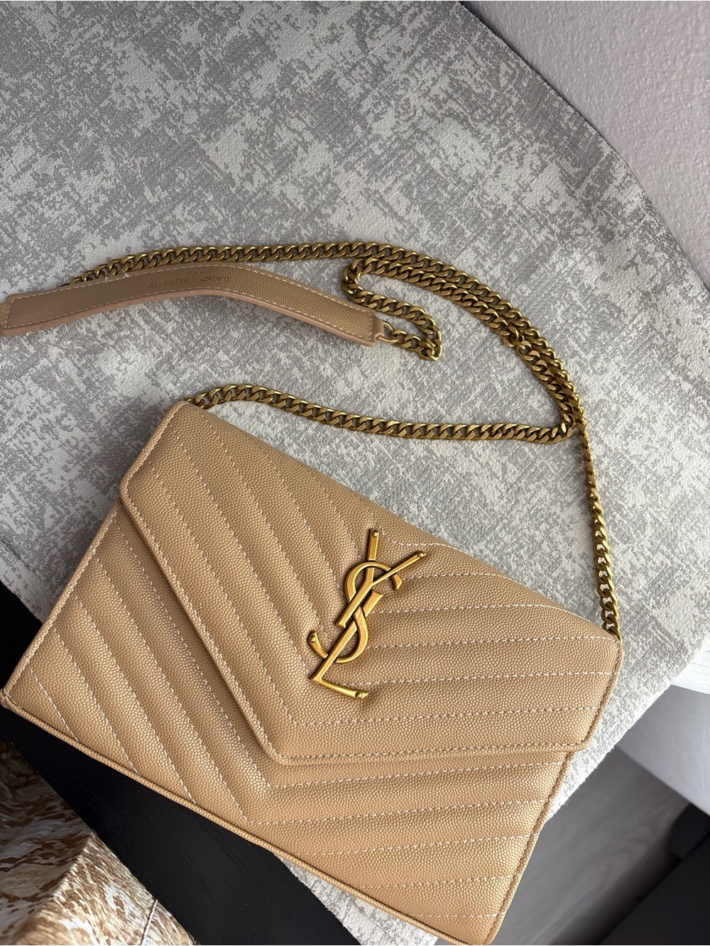 Saint Laurent Beige Quilted Chevron YSL Chain Shoulder Bag